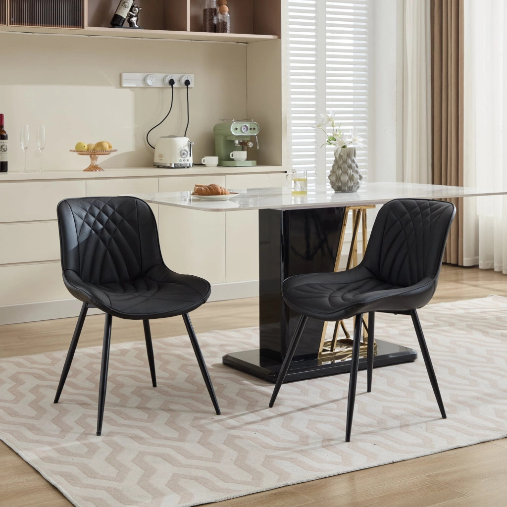 Sedia da pranzo, set da 2, ecopelle, motivo trapuntato 3D, gambe in metallo, nero