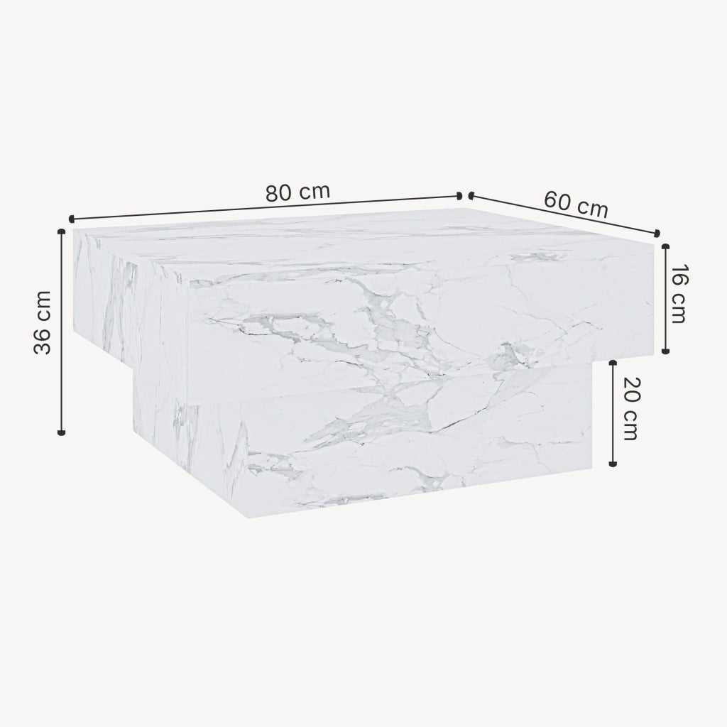 Tavolino Centrale Lens da Salotto con Piano Scorrevole 80 x 60 x 36 cm - Effetto Marmo Bianco [en.casa]