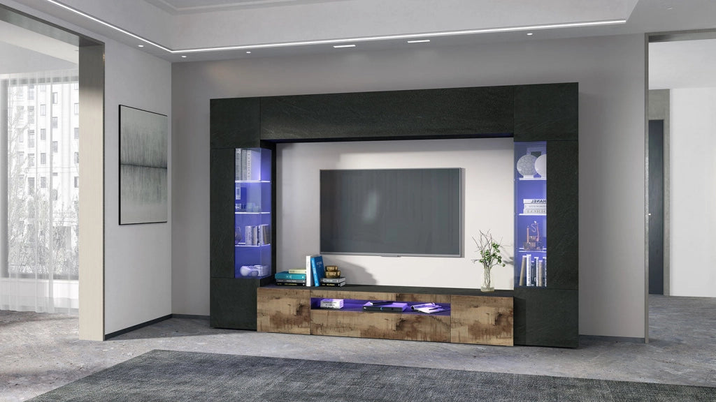 Parete Attrezzata Soggiorno 290x40x190 cm New Egypt Ardesia/Acero Pereira