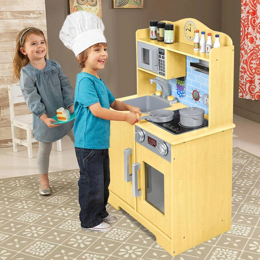 Cucina giocattolo per bambini in legno con piano cottura, forno a microonde, rubinetto, lavandino e accessori da cucina, giocattolo per bambini a partire dai 3 anni, 56 x 28,5 x 92 cm
