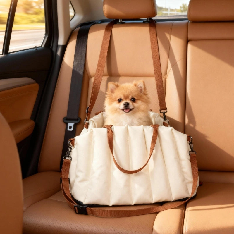 Trasportino per cani con doppie cinghie regolabili base antiscivolo e guinzaglio interno in cotone crema bianco
