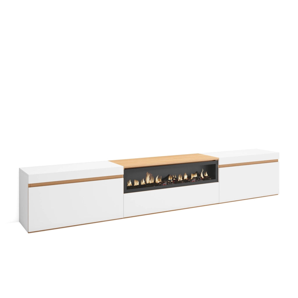 Mobile TV Soggiorno, 260x45x35cm, TV di grande formato, Camino elettrico, Bianco e Rovere soft