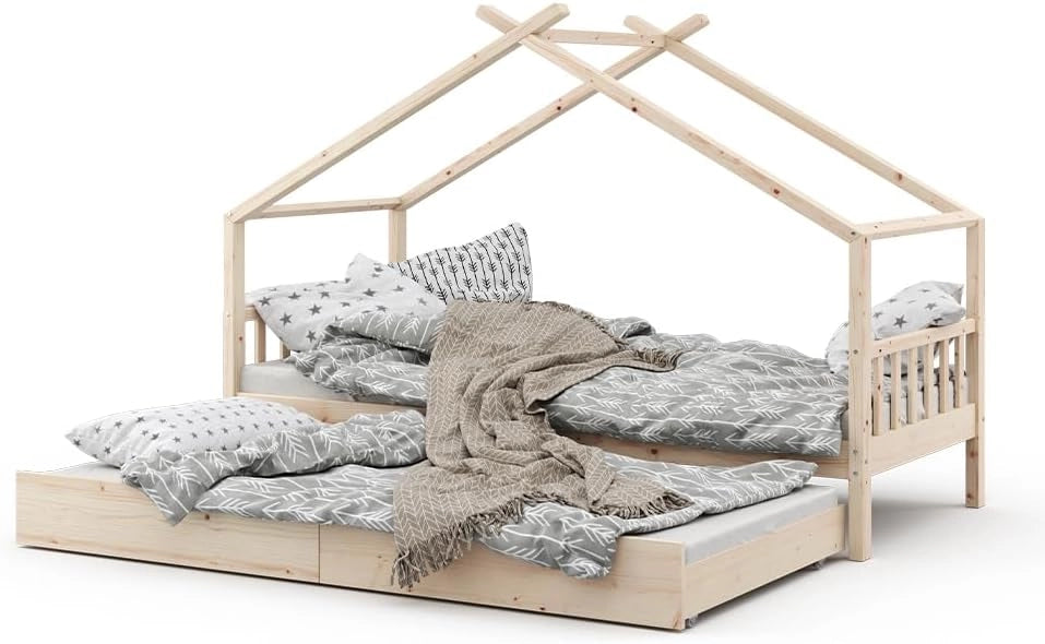 Letto montessori bambini Design, Legno naturale, 90x200 cm con letto per ospiti, con sponda anticaduta e rete a doghe per un sonno sicuro