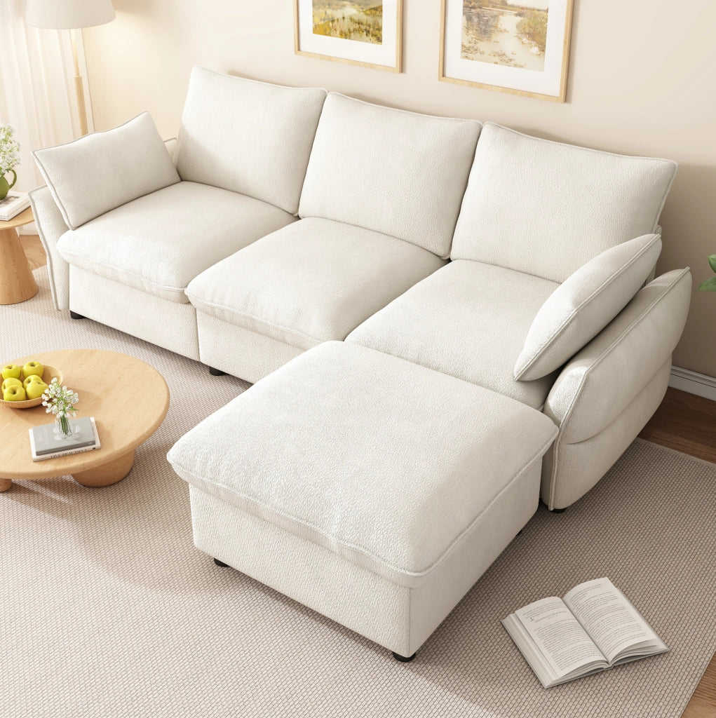 Divano angolare L in ciniglia beige con 2 cuscini