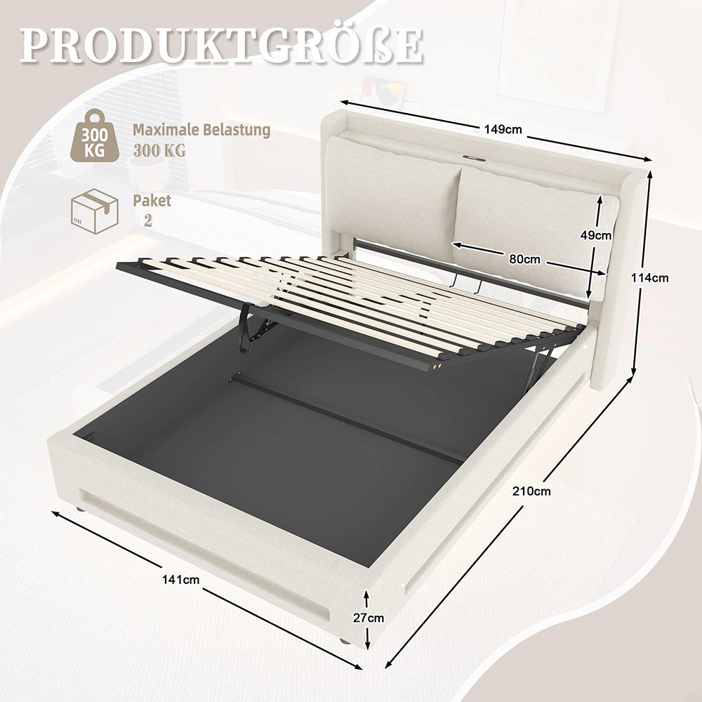 Letto a baldacchino 140x200cm - Xylo - velluto USB-C cuscini removibili