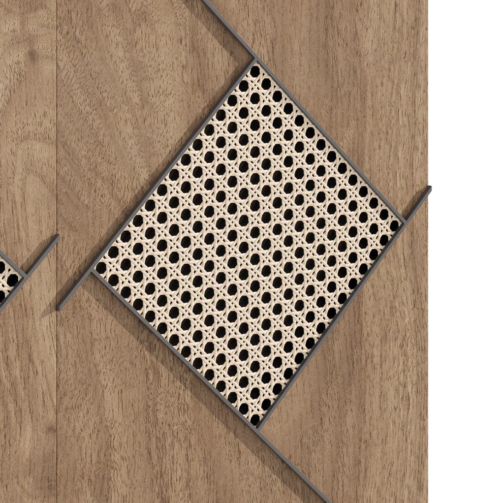 Scarpiera con ante chiuse e ripiano superiore; motivo rattan decorativo in pannello truciolare naturale