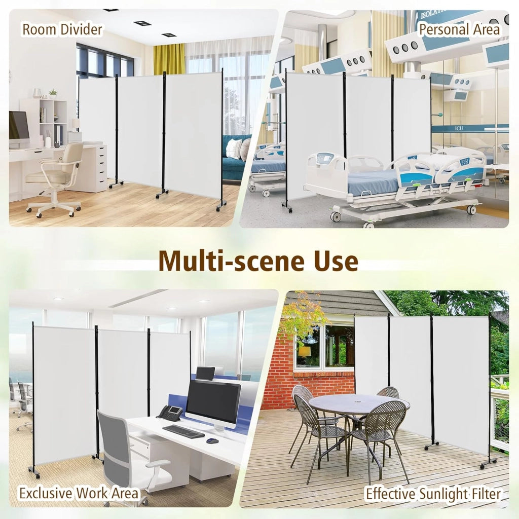 Divisorio Paravento con Ruote 3 pezzi, Divisorio da Parete in Ferro, Protezione Privata per Camera da Letto, Ufficio, 260 x 180 cm, 5 Colori (Bianco)