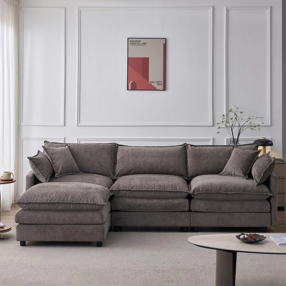 Divano Angolare Modulare 3 Posti con Chaise Longue e Poggiapiedi in Tessuto Chenille ¨C Xylo