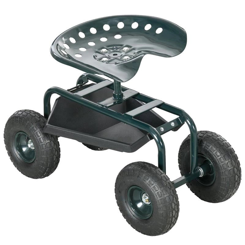 CARRELLO DA GIARDINO CON SEDILE REGOLABILE E VASSOIO INFERIORE, IN ACCIAIO, E PP, 83X36.5X45-60 CM, VERDE SCURO
