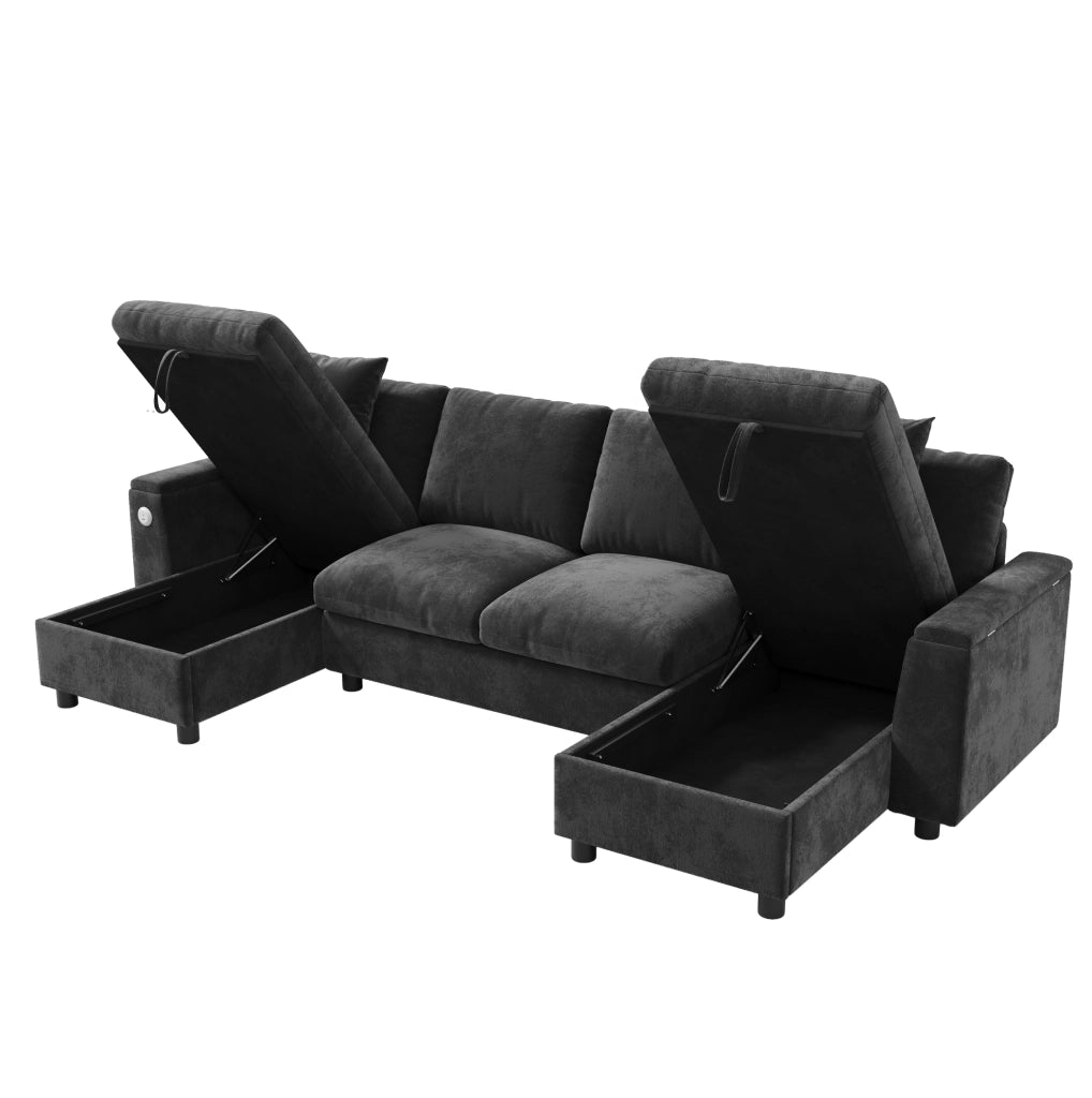 Divano a U in ciniglia con vano contenitore; USB e Type-C; 279x135x84 cm; grigio