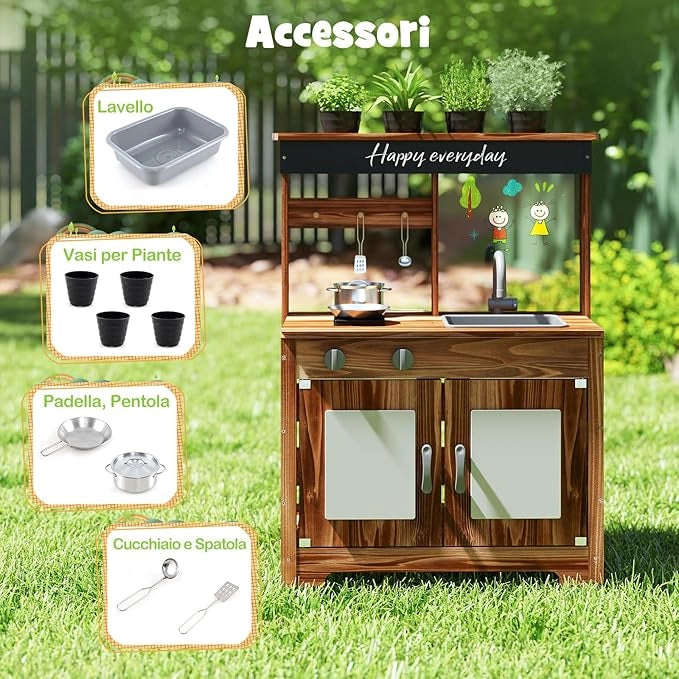 Cucina Giocattolo da Giardino con Lavagna, Cucina in Legno di Abete per Bambini con 4 Vasi da Giardinaggio, Fornelli 4 Accessori per Cucinare, 68 x 35 x 97 cm