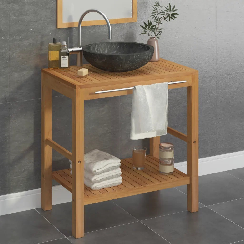 Armadietto da Bagno | Armadio da bagno in Legno di Teak con Lavabo in Marmo Nero