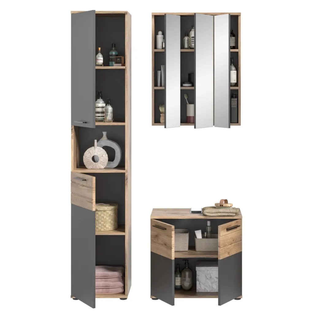 Set da bagno: Mobile sottolavabo + colonna + armadietto con specchi - Grigio antracite e rovere chiaro -