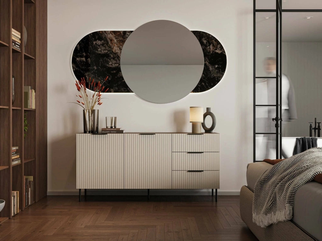 Credenza Monzuno, Madia da salotto con due ante battenti e tre cassetti, Rialzato da terra, 156x42 h75 cm, Noce e Beige