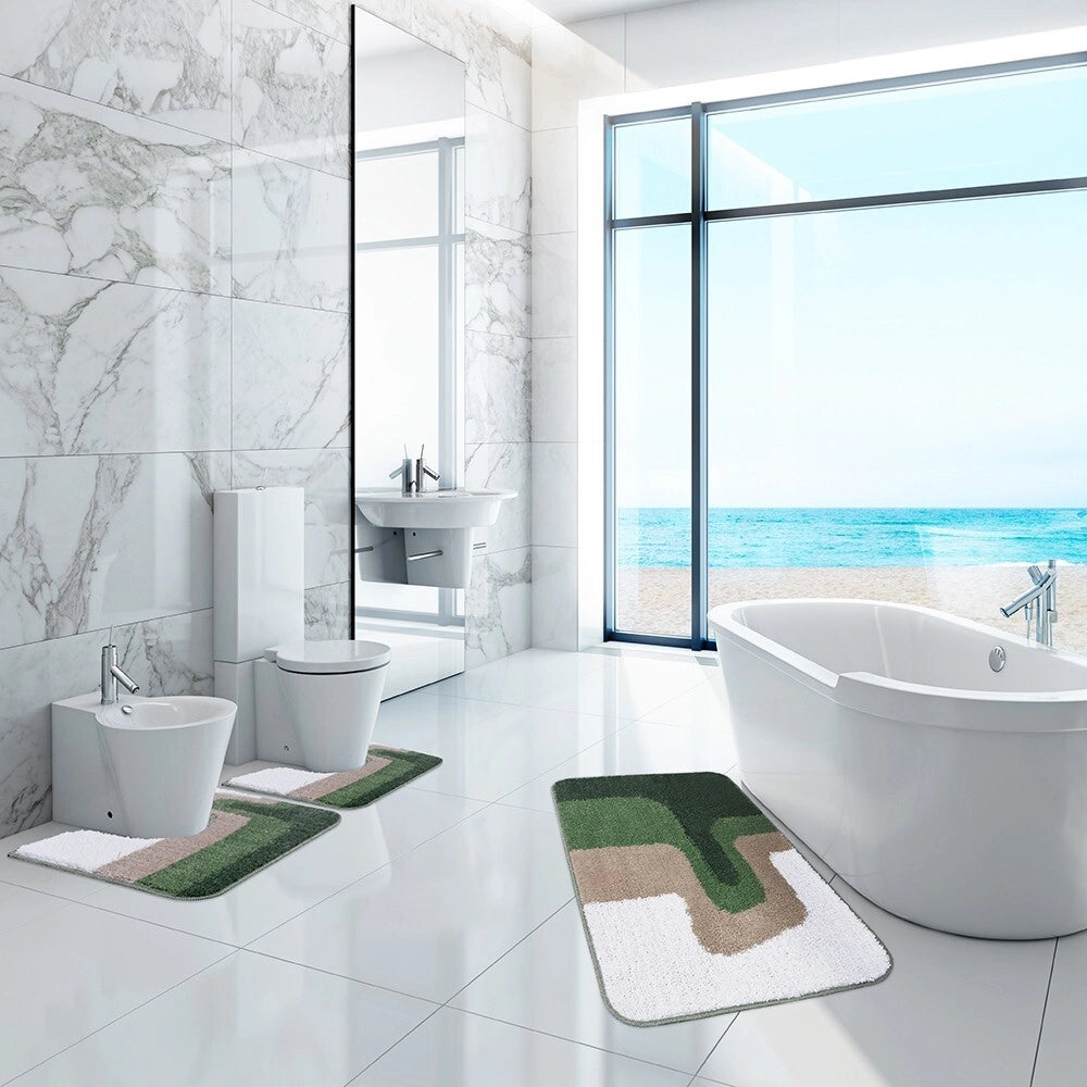 Tappeto Bagno Scendiletto Pelo Raso Morbido Assorbente Antiscivolo Lavabile Set 3 Pezzi Verde