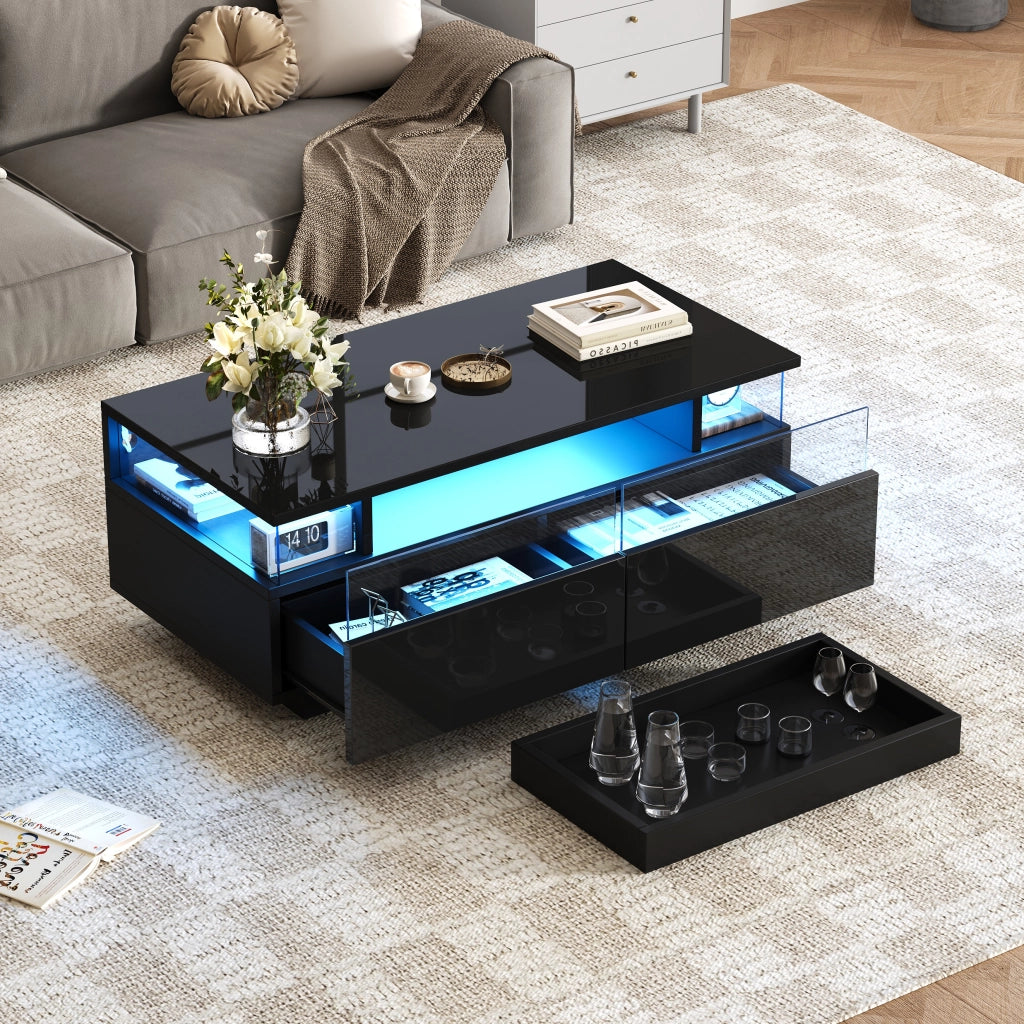 TAVOLINO DA SALOTTO 90 x 45 x 35,5 cm Nero lucido con LED
