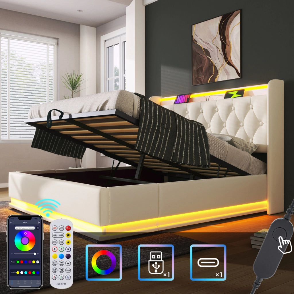 Letto matrimoniale 140x200 cm in PU bianco con LED; contenitore idraulico e porte USB/Type-C