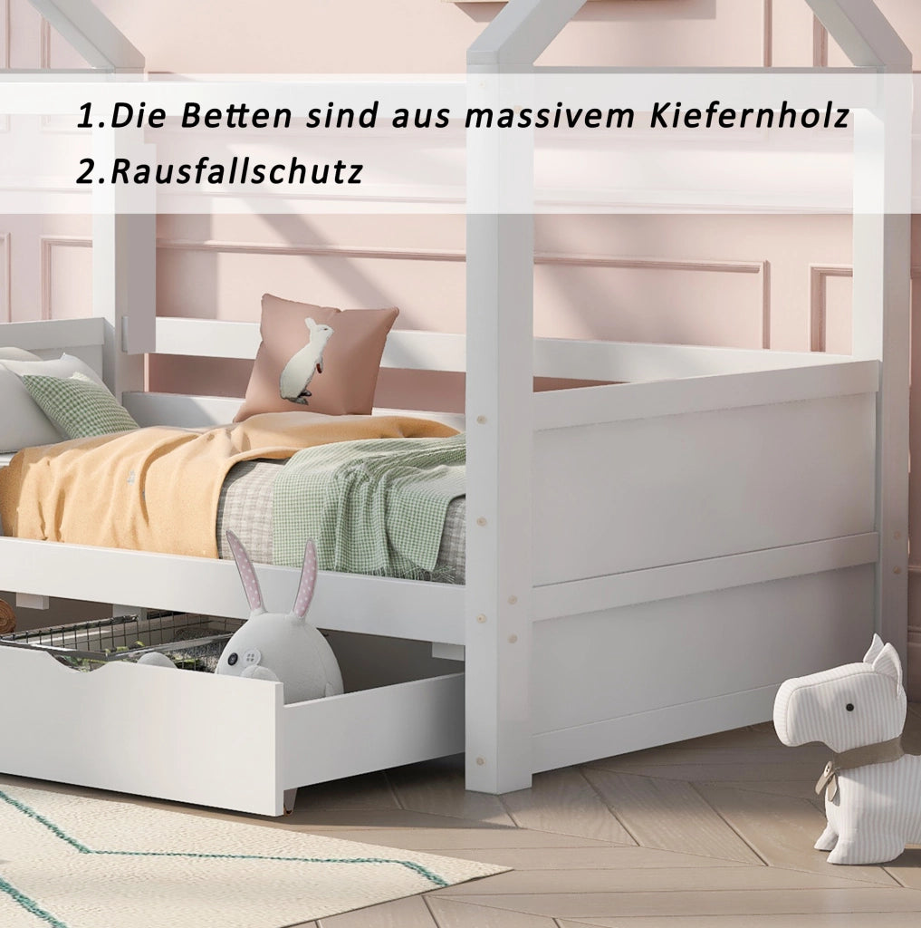 Letto a casetta per bambini 90x200 cm in legno massello di pino bianco con 2 cassetti