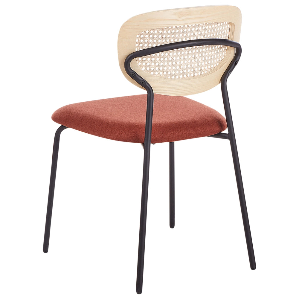 Set di 2 sedie da pranzo Rivestimento in poliestere arancione Schienale in rattan naturale a treccia viennese Gambe in metallo nero Sgabelli senza braccioli