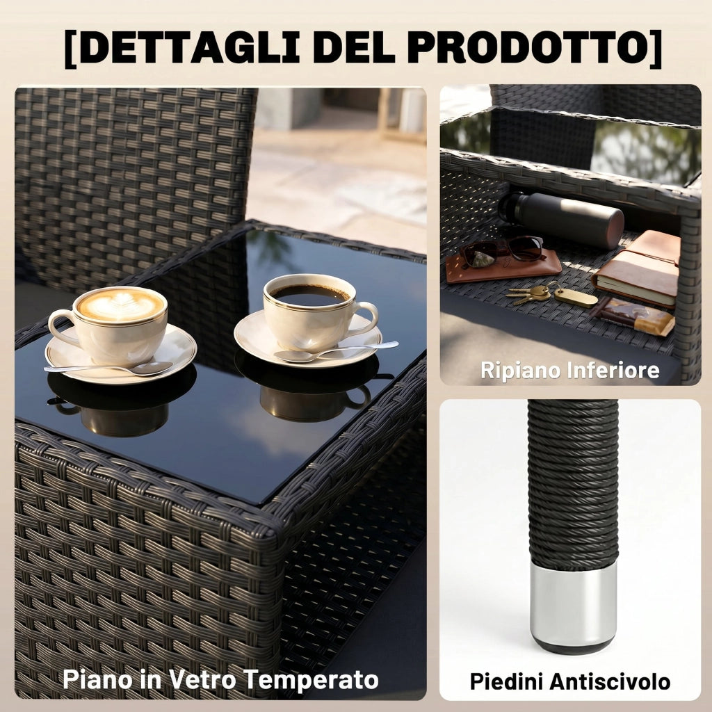 Divanetto 2 Posti per Esterni con Tavolino ¨C zephmum ¨C Acciaio e Rattan, Nero, 137x59x82 cm