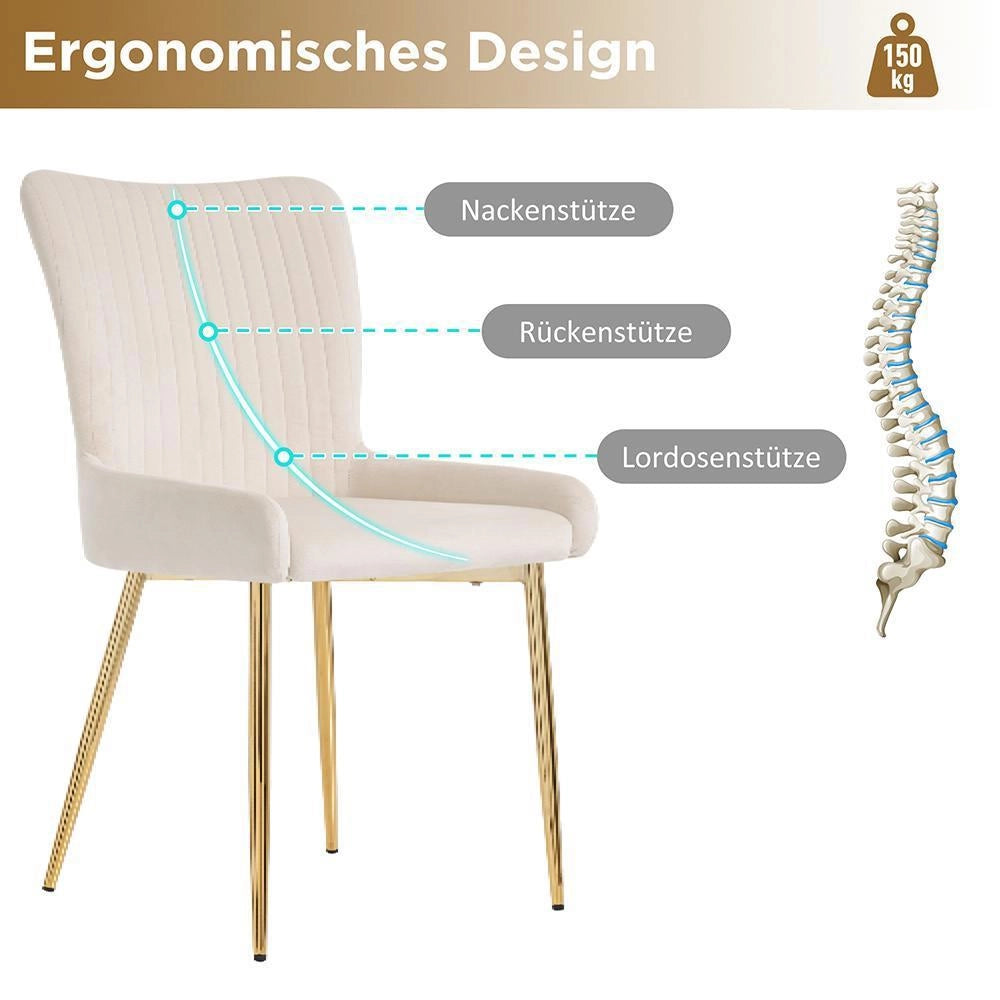 Sedia da pranzo in velluto - Xylo - 2 pezzi, supporto lombare, gambe in metallo dorato, Beige