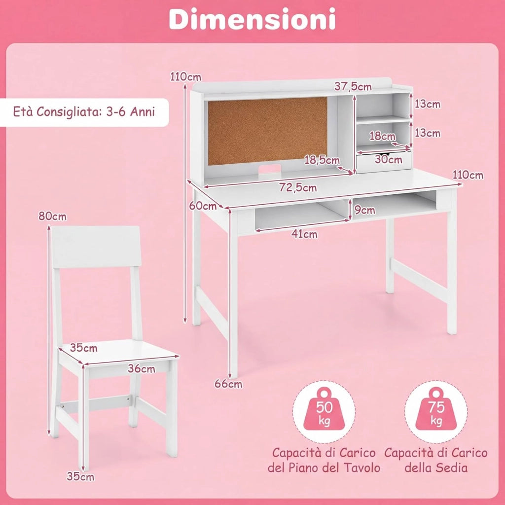 Set Scrivania e Sedia per Bambini, Tavolo per Studenti in Legno con Bacheca in Sughero, Cassetto, Pensile con Ripiani Aperti, Postazione Computer per Bambini per Studio e Lettura (Bianco)