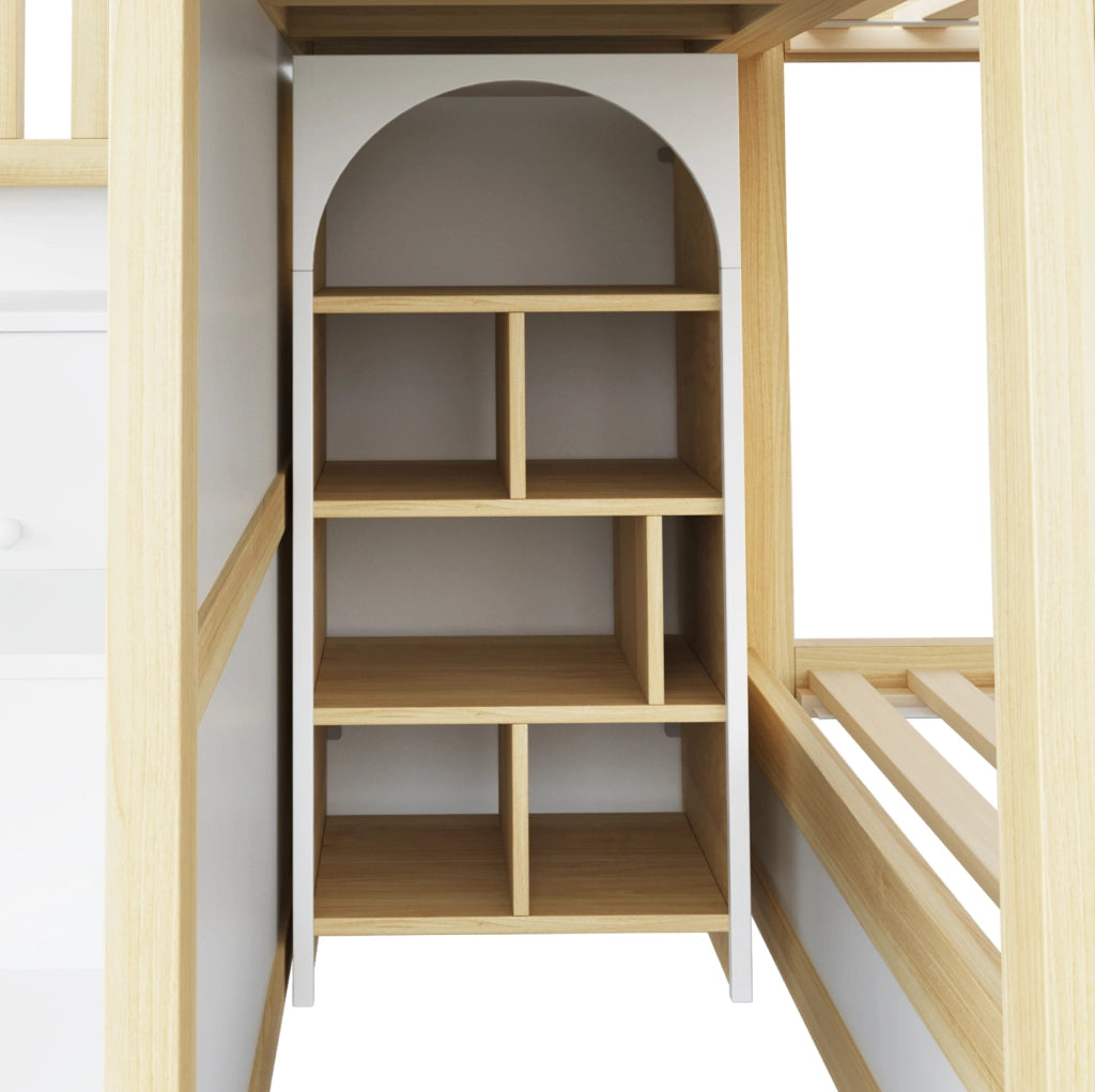 Letto a castello per bambini a casetta 90x200 cm con scala contenitore; bianco grigio legno naturale