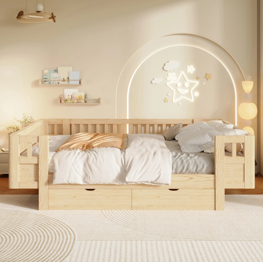 Letto a piattaforma 140x200 cm con sponde alte e due ampi cassetti, colore legno