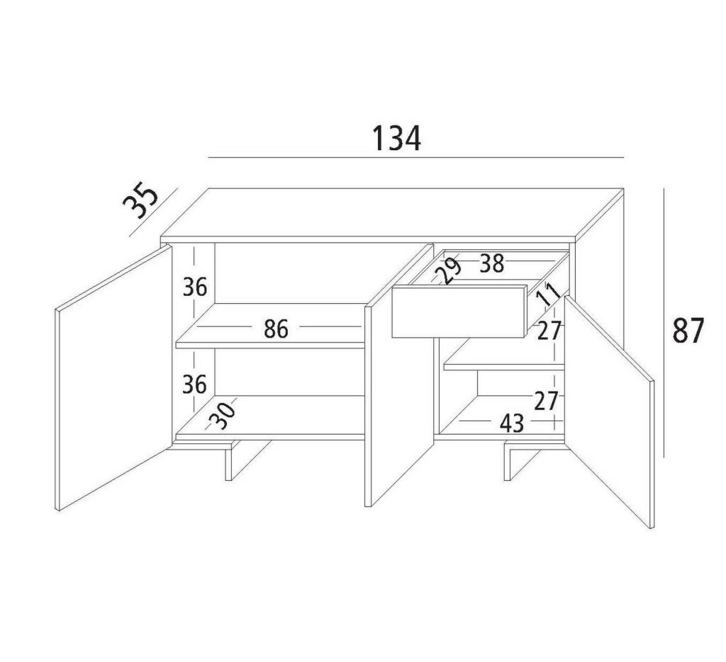 Credenza Arius, Madia da salotto, Buffet da soggiorno a 3 ante e 1 cassetto, 100% Made in Italy, 134x35h87 cm, Bianco e Rovere