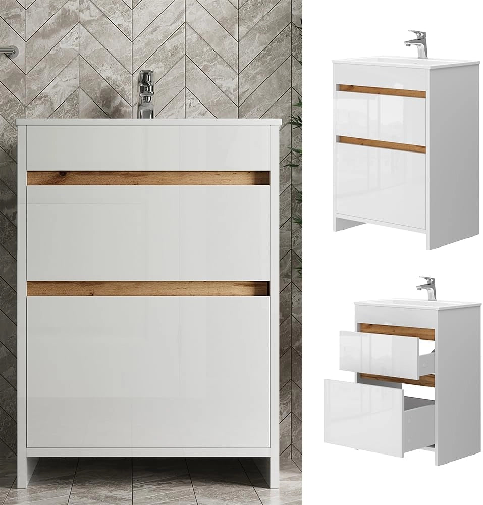 Set di mobili da bagno Detmold, Bianco lucido/oro power oak, 59.6 cm, composto da mobile sottolavabo e lavabo