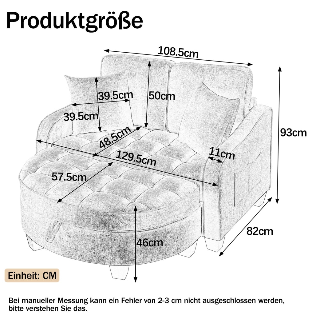Divano letto 2 in 1 trasformabile con pouf contenitore 132x129x93 cm in tessuto rosa