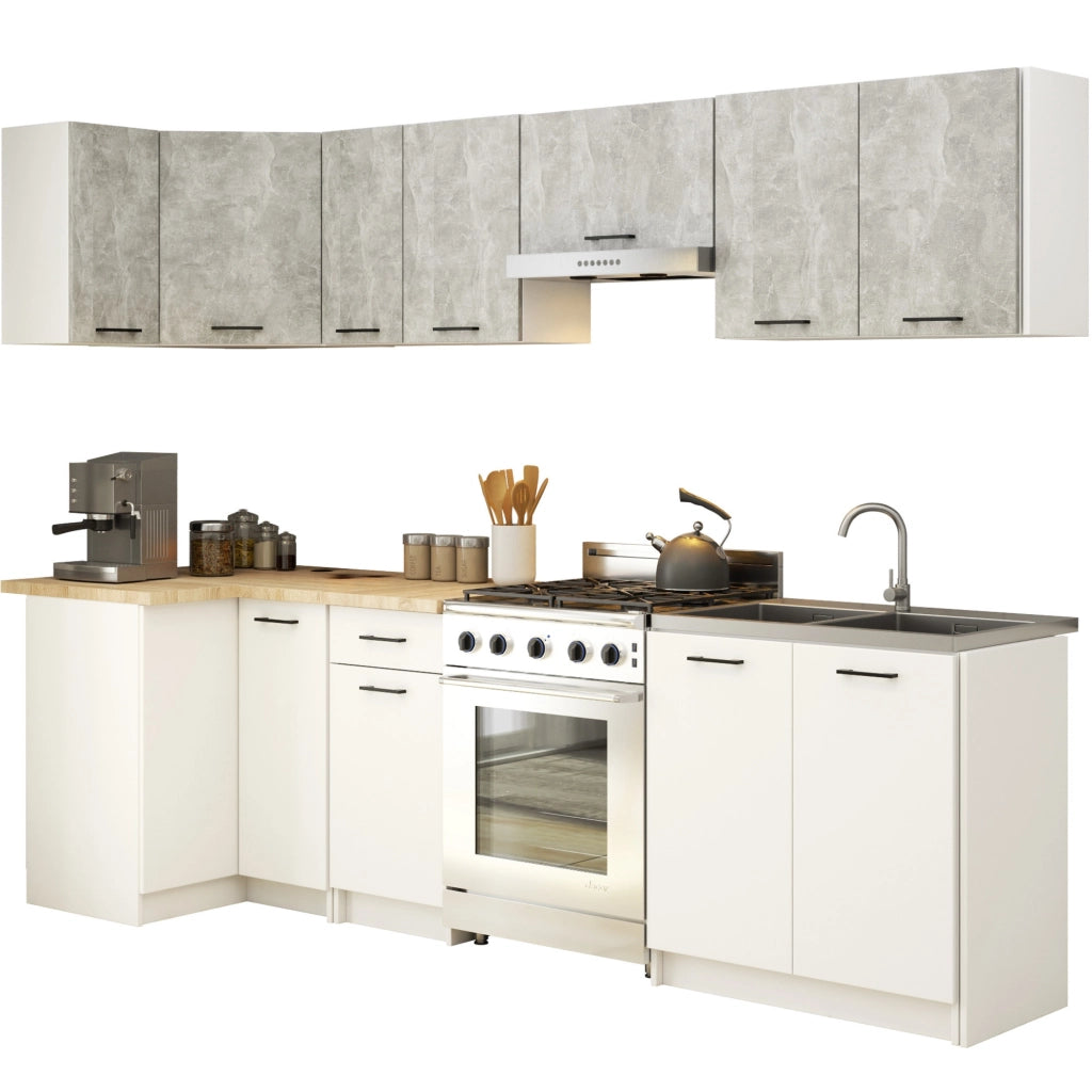 AKORD Set di Mobili da Cucina OLIWIA 300 cm Cemento 300 cm 11 ante 1 cassetto inserto frontale Bianco 300x46x203 cm