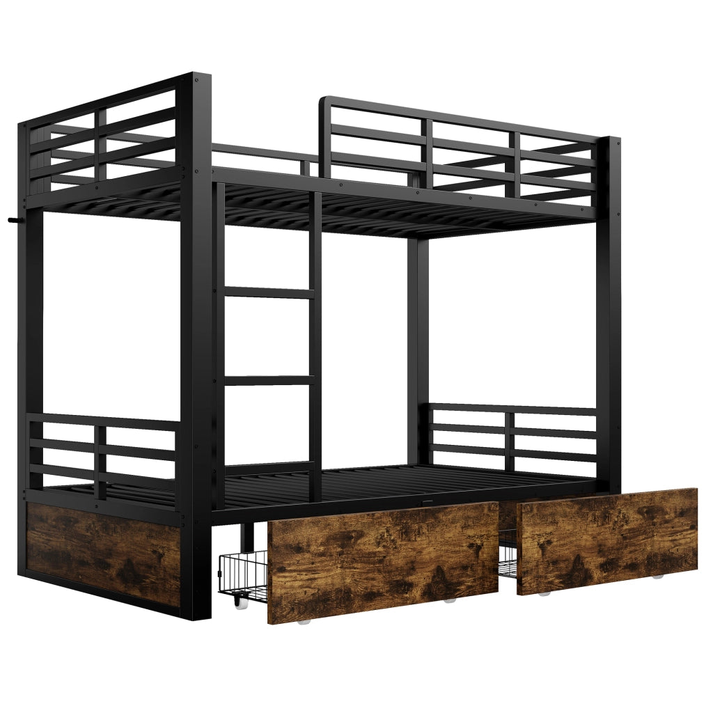 Letto a castello 90x200 cm, struttura in metallo, 2 cassetti, letto per bambini, nero