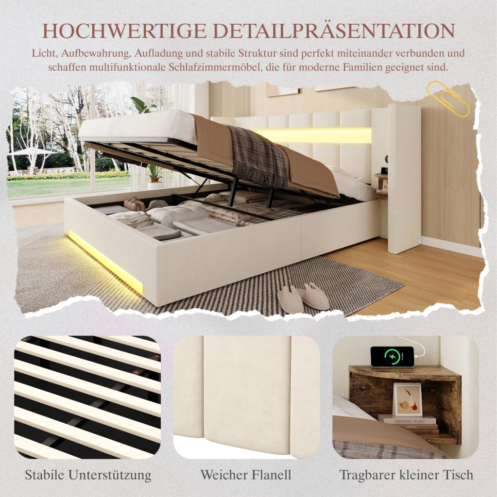 Letto contenitore in velluto beige 160x200 cm con LED e USB