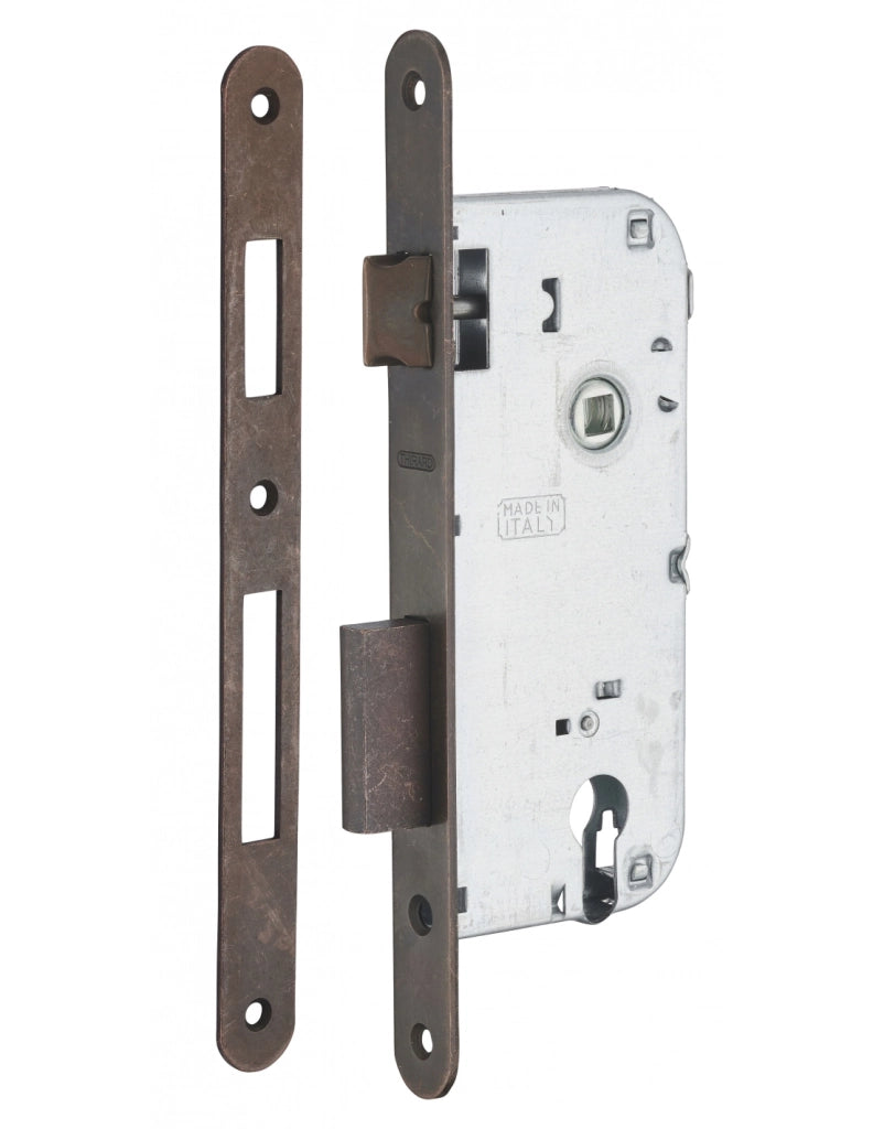 Serratura da incasso a cilindro europeo 90mm x 45mm, doppia mandata, reversibile, piastra tonda, richiamo 1/2 giro, bronzo - THIRARD