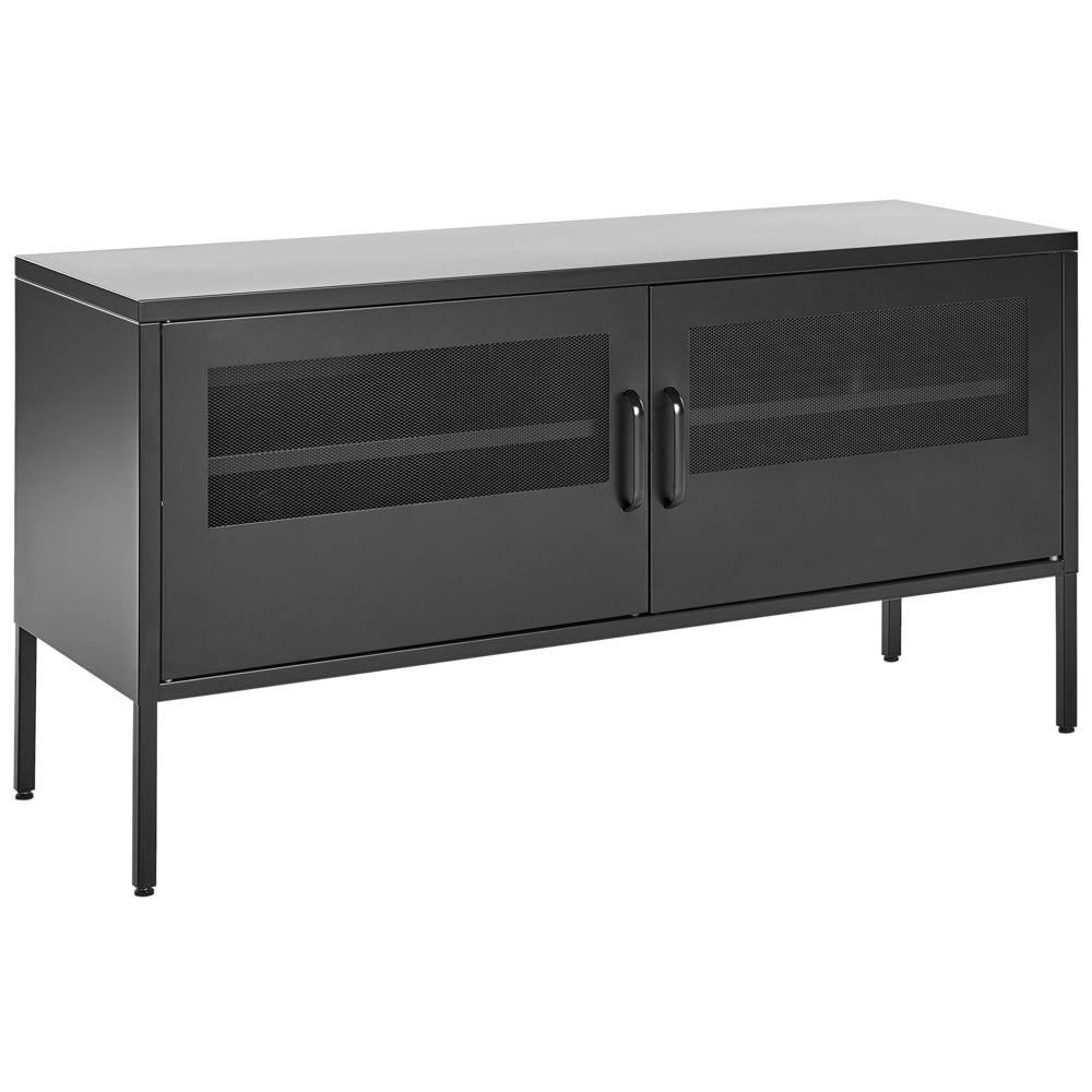 Credenza in metallo nero 118 x 40 cm 2 ante in rete ripiani gambe gestione cavi mobile tv industriale soggiorno
