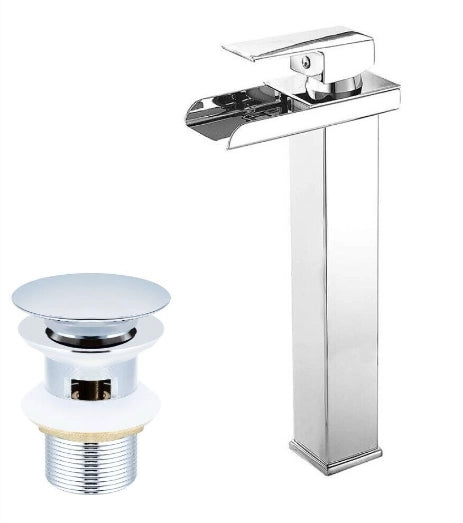 Rubinetto miscelatore lavabo bagno a cascata con piletta acciaio cromato 87397
