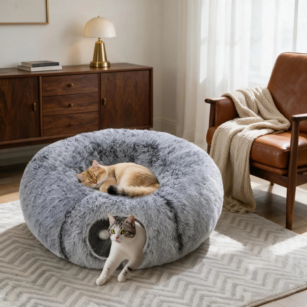 Tunnel per gatti da interno combinato con cuccia a forma di ciambella e cuscino rotondo rimovibile e lavabile.