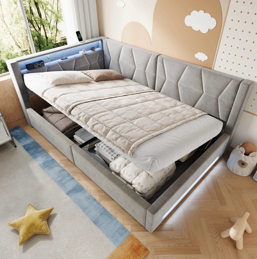 Letto imbottito con contenitore 210x148.5x83 cm con LED; USB e Type-C in velluto e metallo