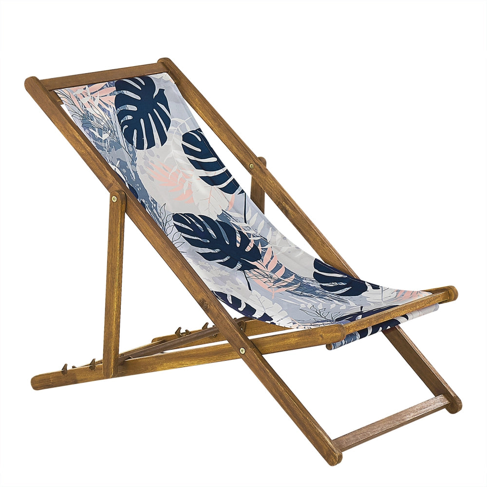 Set di 2 sedie a sdraio da giardino con struttura in legno acacia chiaro motivo foglie di palma in tessuto amaca sedile reclinabile