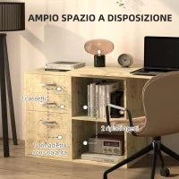 Scrivania Angolare per PC con 3 Cassetti e Ripiani Aperti, in Legno e Metallo, 117x83.5x76 cm, Noce