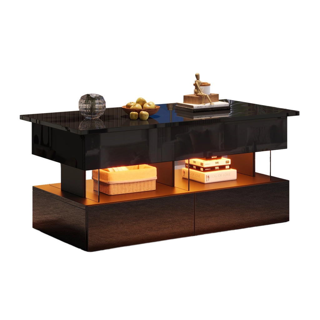 Tavolino da caff¨¨ sollevabile 100 x 50 x 46 cm nero con contenitore nascosto, 2 cassetti e illuminazione LED