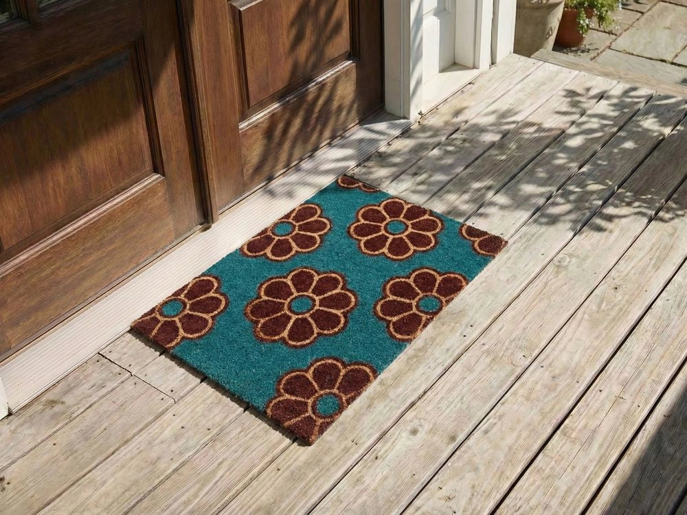 Zerbino in fibra di cocco tappetino blu con fondo in gomma 45 x 75 cm Antiscivolo Decorativo Motivo floreale Zerbino di benvenuto