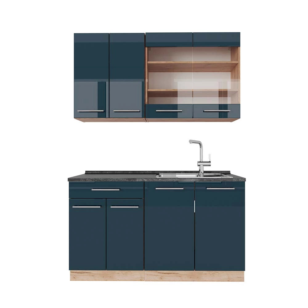 Cucina singola Fame-Line Blu scuro lucido/Rovere dorato 140 cm, PL Antracite Vicco