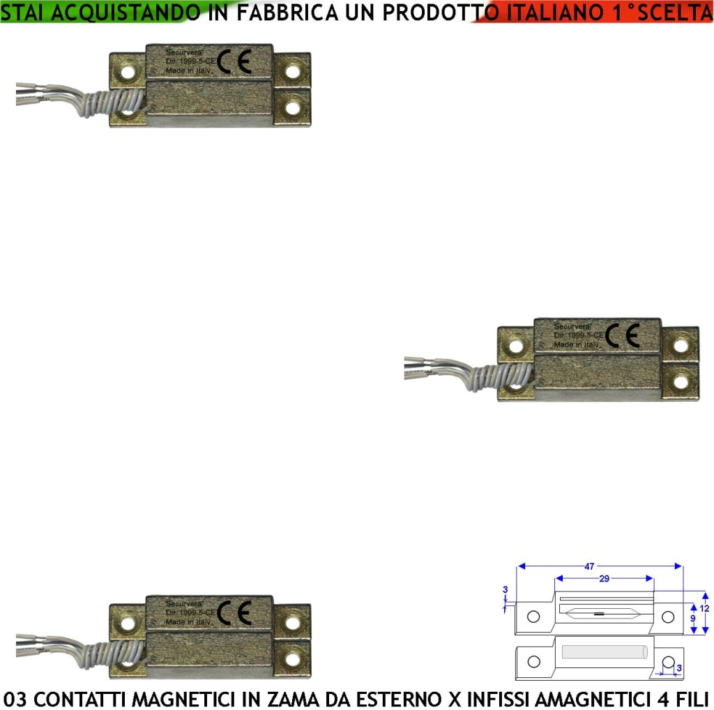 Sensori Magnetici da Esterno in Zama Con Alette di Fissaggio Forate 3 Pezzi Contatto Reed NC Sottovuoto Sensibilità Magnetica 10 mm Tensione Max 30 V 10 W Carico Resistivo 4 Fili 2 NC e 2 Tamper IP65