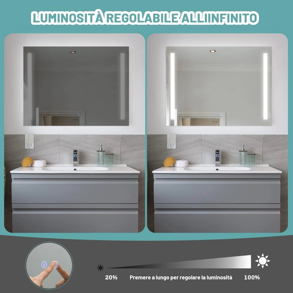 Specchio da Bagno a LED 80x60 cm, Specchio a Parete con Luminosità Regolabile, 3 Colore, Funzione Anti Appannamento e Memoria, Specchio Illuminato