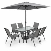 Salotto Da Esterno Con Tavolo In Vetro Temperato 6 Posti A Sedere E Ombrellone Rettangolare Ideale Per Patio Cortile Dehors E Cene All Aperto Arredo Moderno 150 x 90 x 71 Cm Grigio