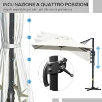 Ombrellone a Sbalzo 3x3 m Inclinabile con Manovella e Base a Croce, in Acciaio e Poliestere, Bianco Crema