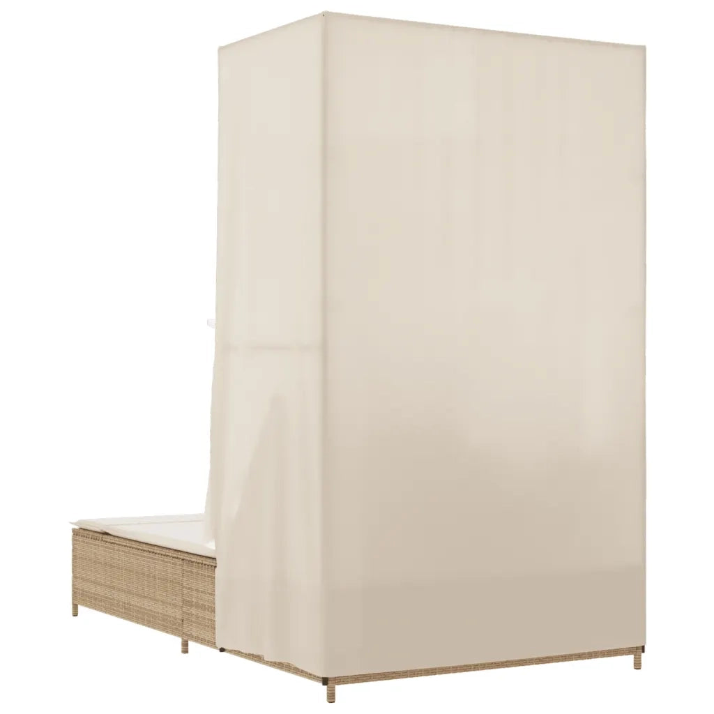Lettino Prendisole | Sdraio da giardino | Lettino da sole con Tetto e Tende Beige in Polyrattan