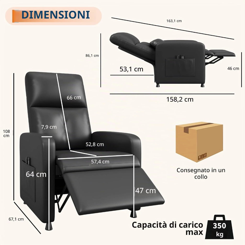 Poltrona Relax Elettrica; Poltrona Relax Reclinabile con Massaggio Vibrante 4 Punti e Funzione Riscaldante; Reclinazione 165°; Poggiapiedi; Telecomando; Tasche Laterali; per Anziani Soggiorno Salotto